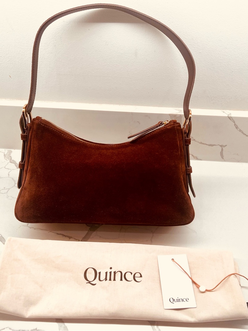 Quince Italian Suede Small Shoulder Bag- Chocolate Brown- With Tags
